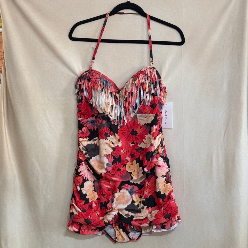 Floral Fringe One-Piece Swimsuit in Red & Cream
